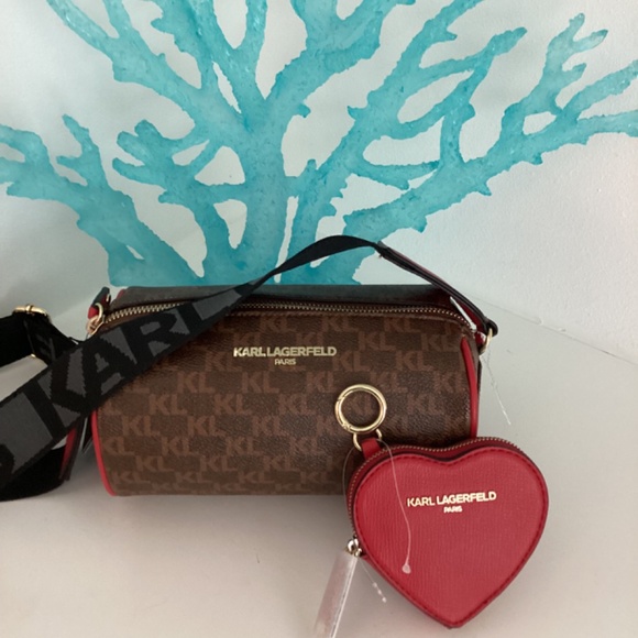 NWT KARL LAGERFELD CROSSBODY BROWN LOGO BAG W RED HEART COIN PURSE - Picture 6 of 13